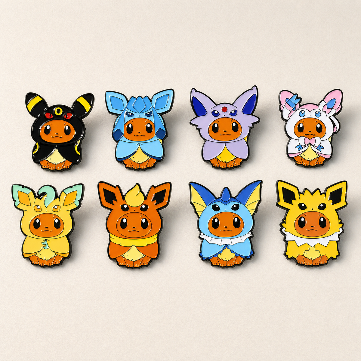 Complete eight-piece Evolution Pin Set arranged in two rows