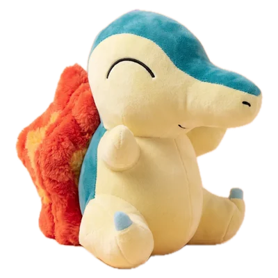 Fire #155 plush: cream-yellow with a teal back, eyes closed and red-orange flames on its lower back