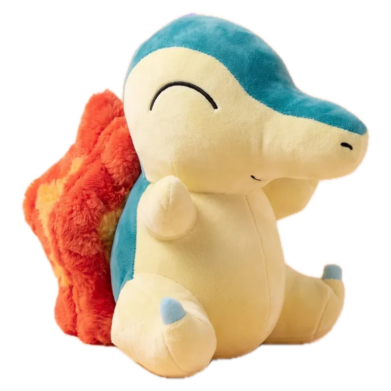 Fire #155 plush: cream-yellow with a teal back, eyes closed and red-orange flames on its lower back