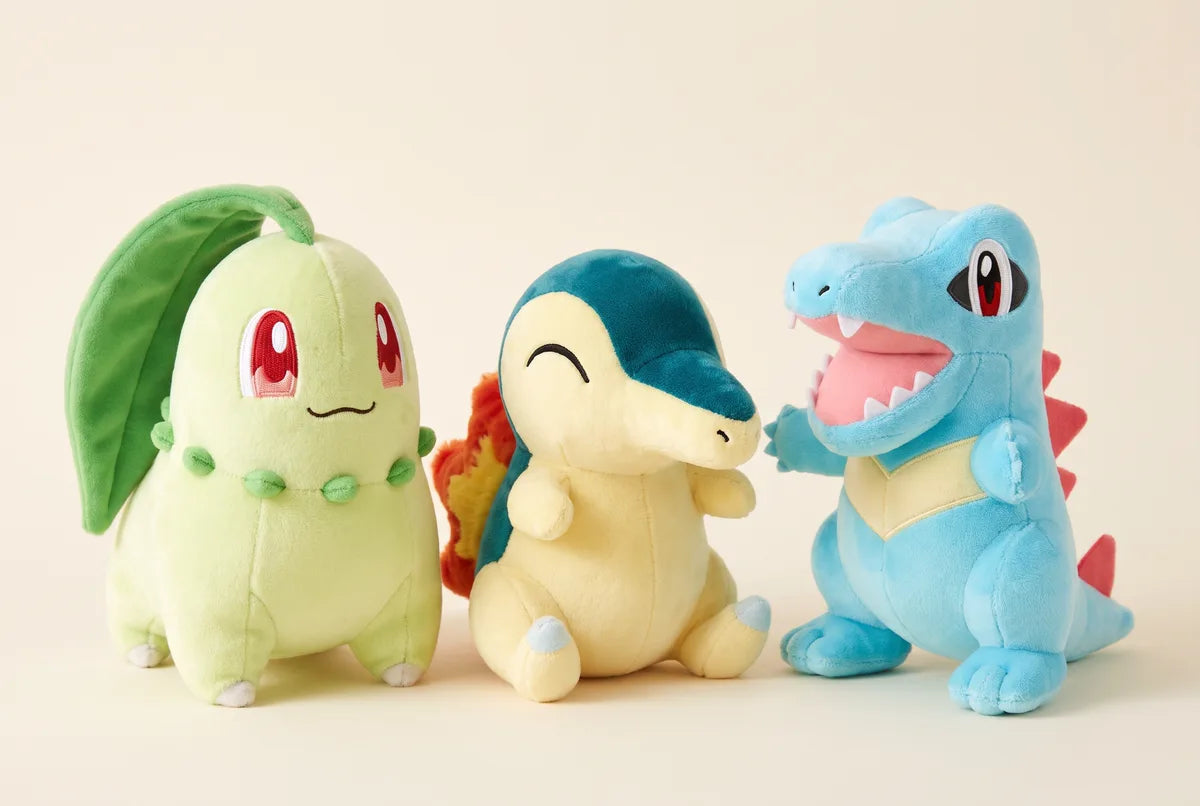 Grass #152, Fire #155 and Water #158 plush side by side