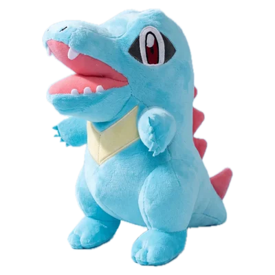 Water #158 plush: sky-blue with its mouth open, white teeth, red eyes and red spikes down its back