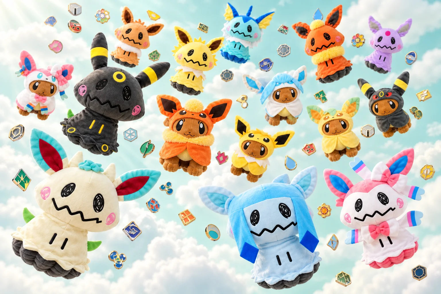 Colorful plush characters floating through an aqua sky with small enamel badge accents