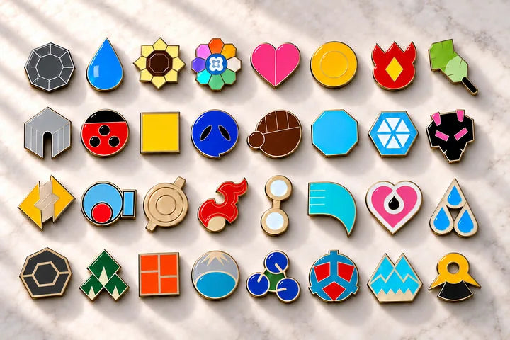 All 32 Gym Badges laid out in four rows, one row per region
